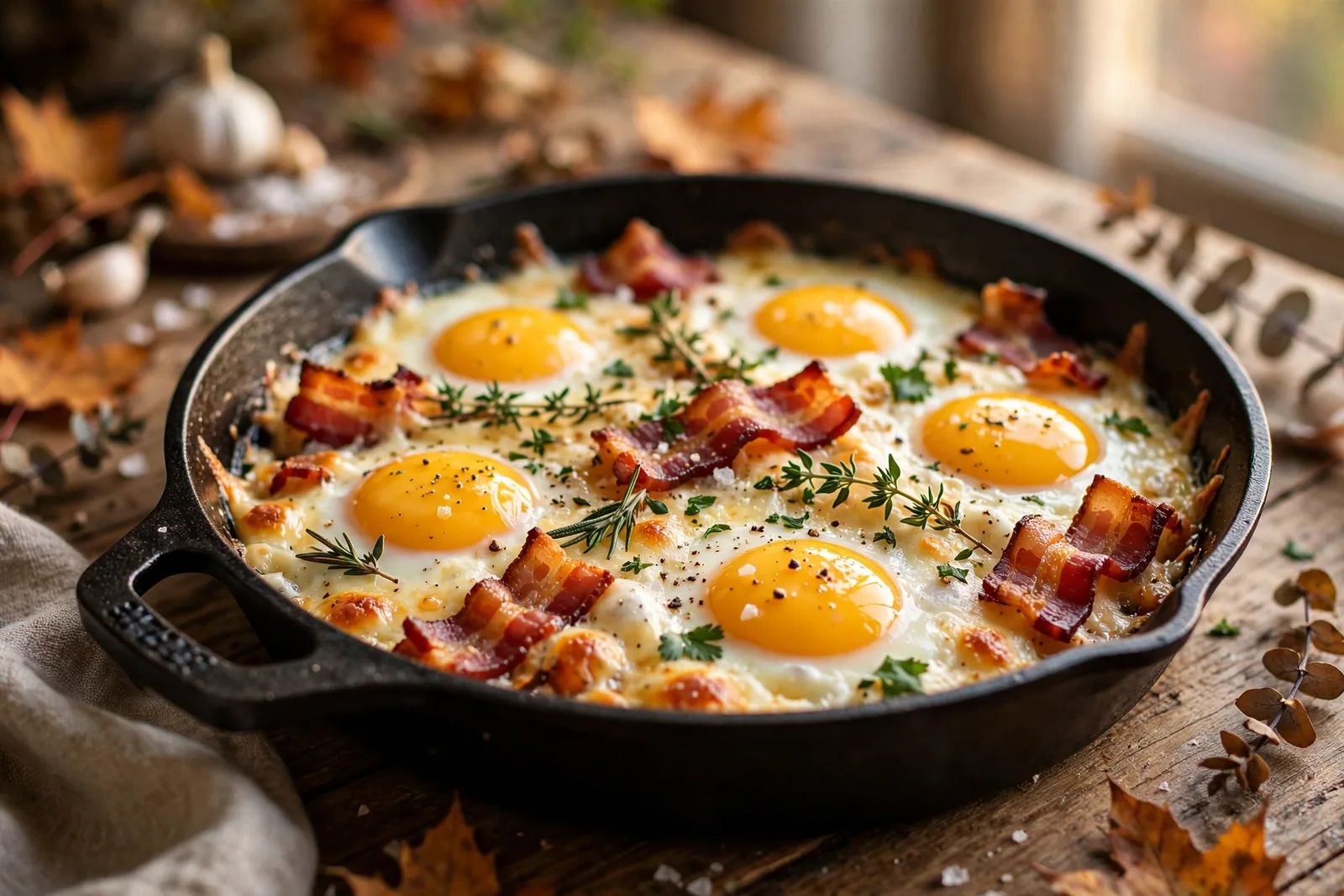 Cheesy Eggs, Bacon & Hash Brown Skillet