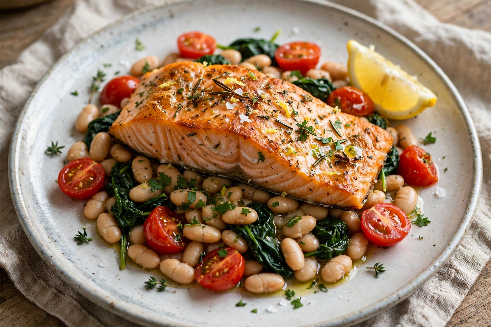 Lemon-Herb Salmon with White Bean & Spinach Sauté