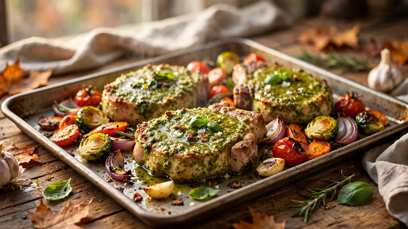 Sheet Pan Pesto Pork Chops, Tomatoes & Asparagus